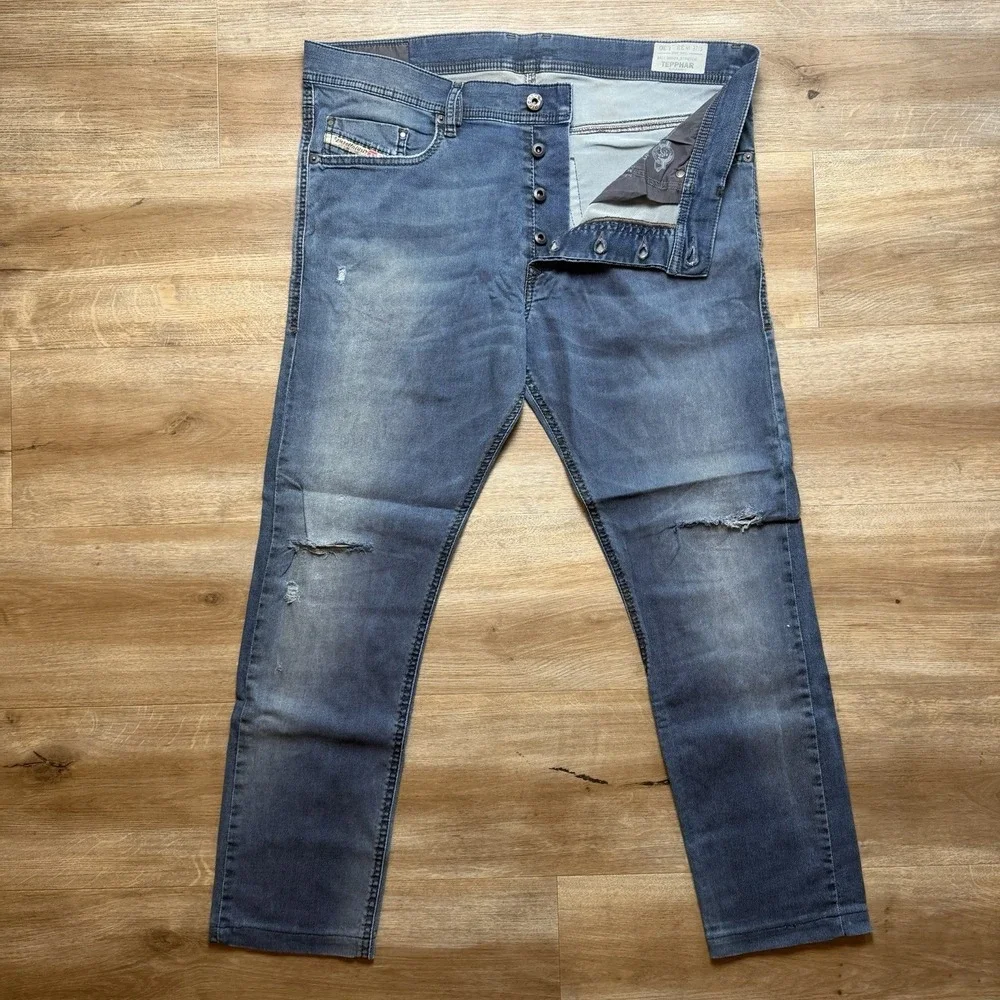 Diesel Tepphar Jeans Men 33x26 Blue Slim Carrot Stretch Dark Wash Distress 0607Y